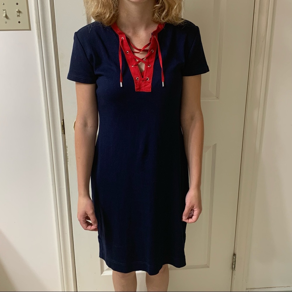 🌷3 for $25🌷Chaps, US S (Fits Up to US M), Navy & Red Lace Up Short Sleeve Dress